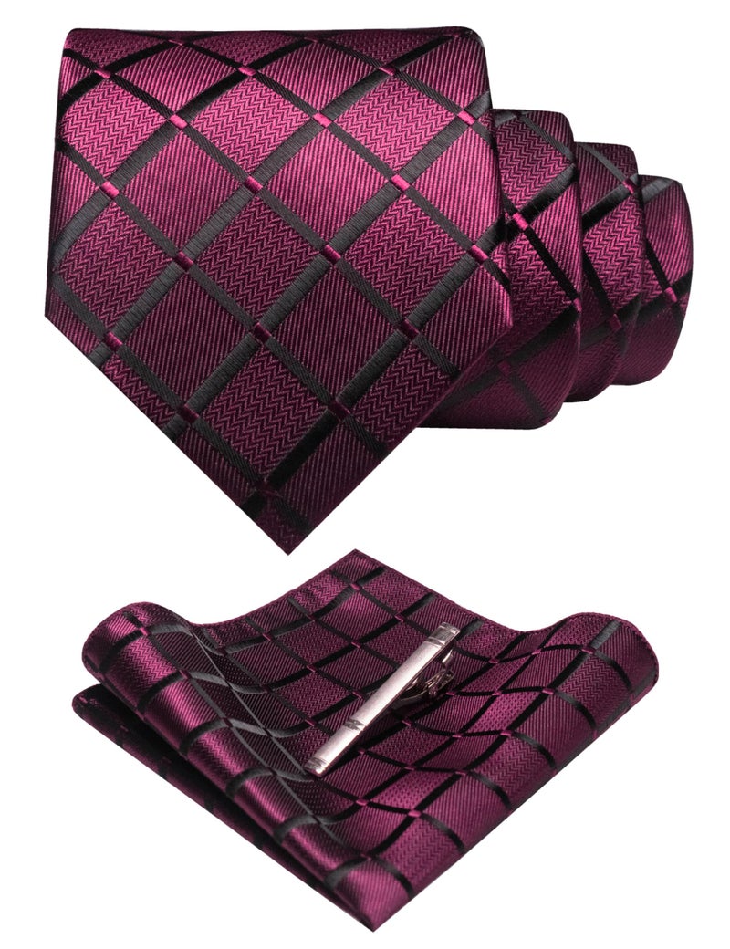 JEMYGINS Plaid Maroon Tie and Pocket Square Hankerchief Mens Silk Necktie with Tie Clip Sets(1) - Image 1